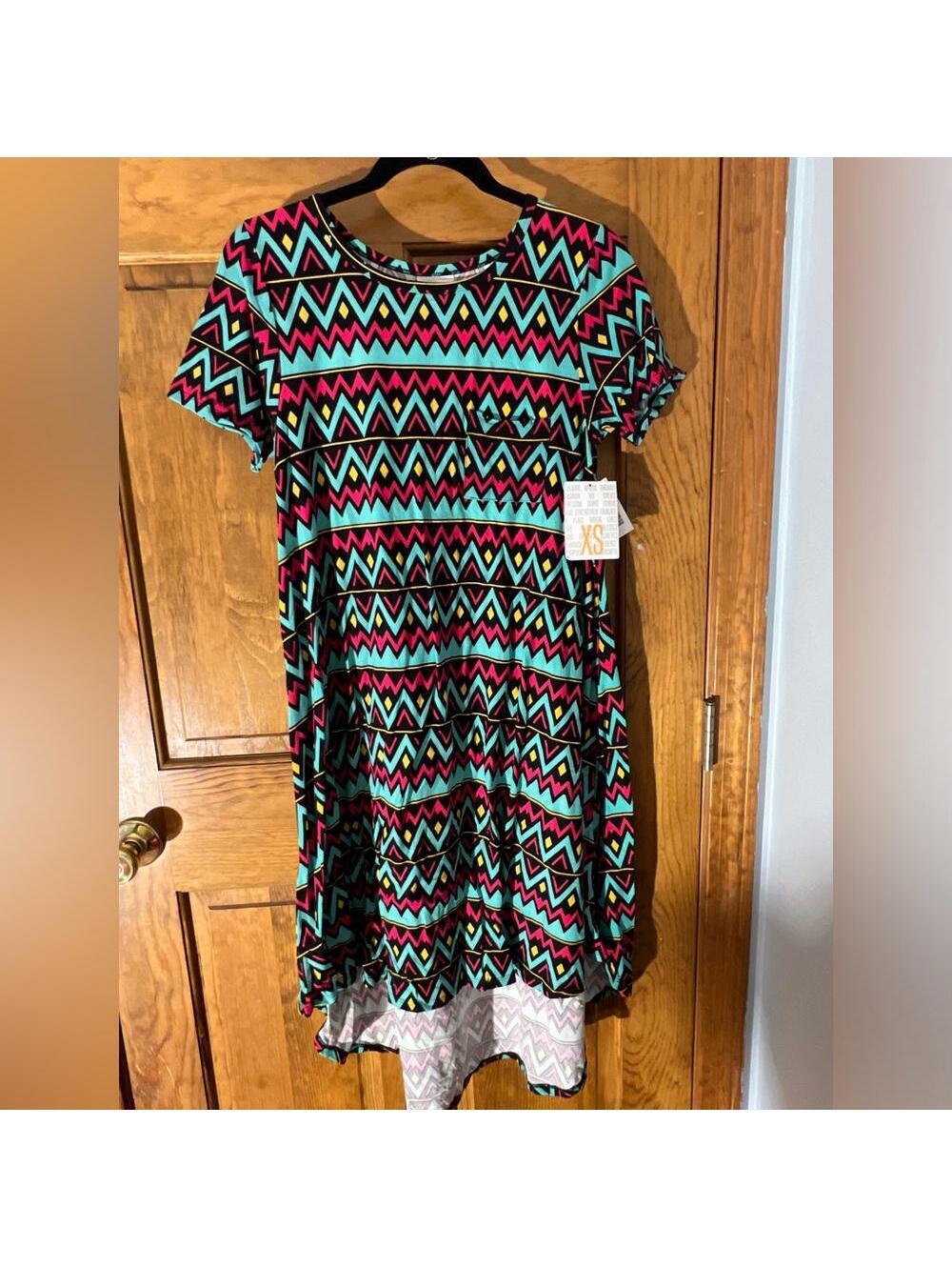 LuLaRoe Carly Dress Swing High Low T Shirt Flowy Teal Pink Black Aztec XS NWT
